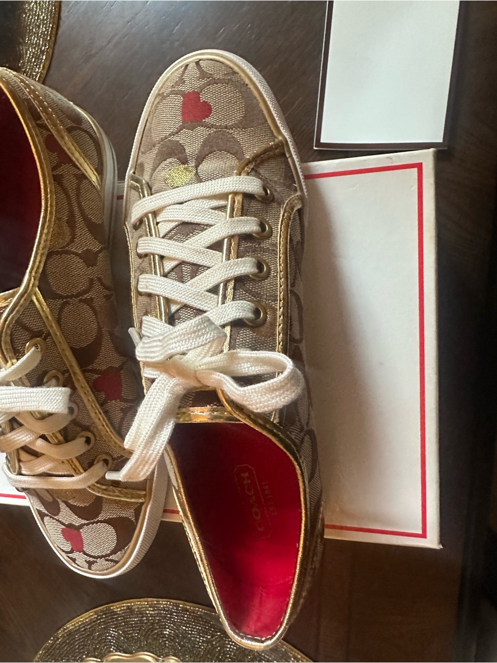 Slightly Worn Size 8Coach Beige Signature Canvas Sneakers with Red Heart Accents - Picture 6 of 8